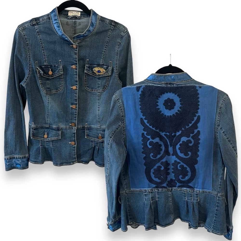 ENCORE Designer Denim Jacket Blue Embroidered Linen Boutique‎ Upcycle Large